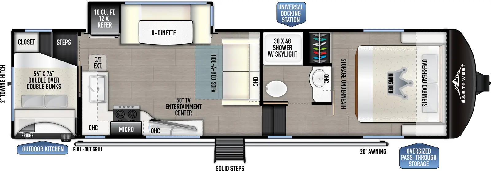 The 27BH-OK has one slideout and one entry. Exterior features an oversized pass through storage, universal docking station, MORryde Steps, 20 foot awning, outdoor kitchen with pull-out grill and refrigerator, and 2 inch towing hitch. Interior layout front to back: foot-facing king bed with storage underneath, overhead cabinets, and off-door side closet; off-door side full bathroom with overhead cabinet and shower with skylight; steps down to main living area and entry; sofa with overhead cabinet along inner wall; off-door side slideout with u-dinette and 12V refrigerator; door side entertainment center with TV, overhead cabinet, microwave, cooktop, counter wraps to inner wall with sink and extension; rear double over double bunks with steps and closet.
